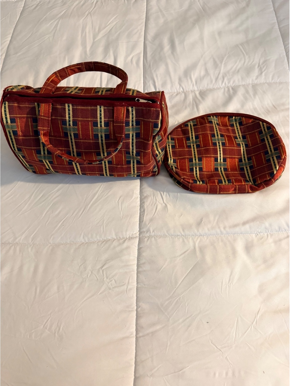 Vintage Multicolor Plaid Fabric Handbag with Matching RoundP